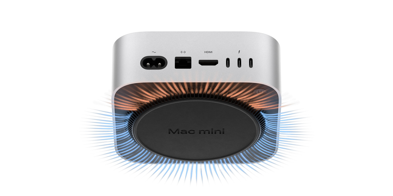 Mac mini, bottom, showing the thermal and ventilation systems underneath the aluminium enclosure