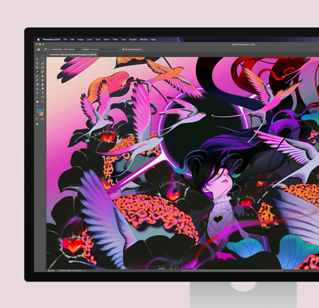 Studio Display, Adobe Photoshop editing software, abstract artwork displayed on screen
