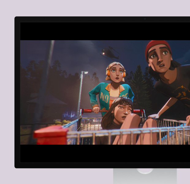 Studio Display, showing a still from the game Mixtape, two teens with hands on shopping trolley, third teen sitting in shopping trolley, street lights, trees and helicopter visible against dark sky behind them