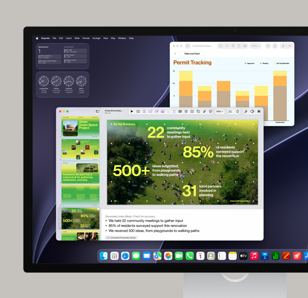 Tela do macOS mostrando uma apresentação do Keynote, um gráfico de dados, o app Calendário aberto e os apps no Dock