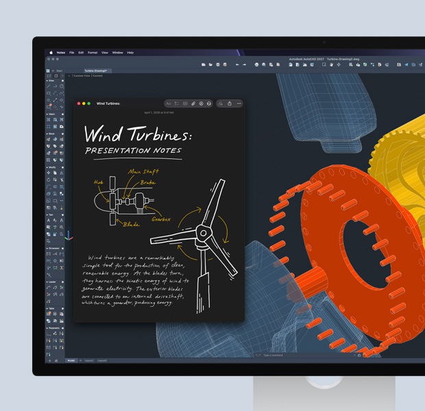Studio Display, Autodesk AutoCAD software open, STEM work displayed on screen, alongside Notes app