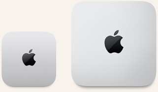 Two Mac mini devices, top, silver aluminium, rounded corners, glossy black Apple logo centred, one device is the updated release and less than half the size of the other device