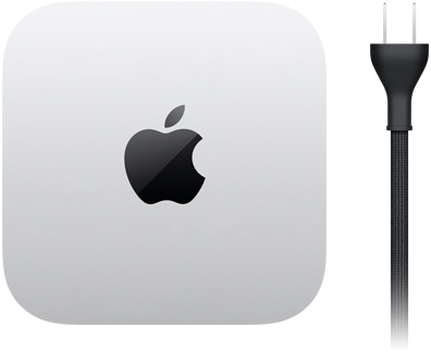 Mac mini, vue du dessus, aluminium argent, forme carrée, coins arrondis, logo Apple noir brillant au centre, câble d’alimentation noir à deux broches