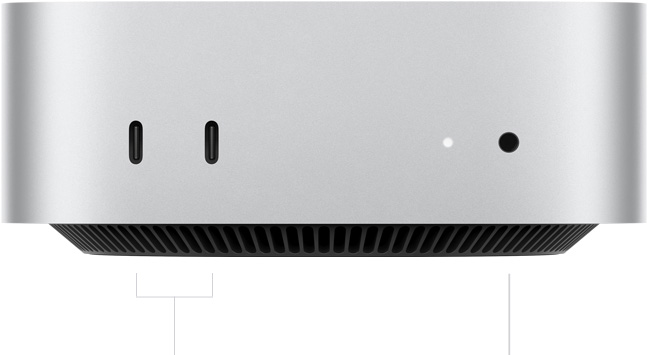 Mac mini, front, two Thunderbolt ports, status indicator light and headphone jack, tapered black base at bottom, flat top, rounded sides, straight edges, silver colour