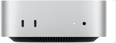 Mac mini, front, two Thunderbolt ports, status indicator light and headphone jack, tapered black base at bottom, flat top, rounded sides, straight edges, silver colour