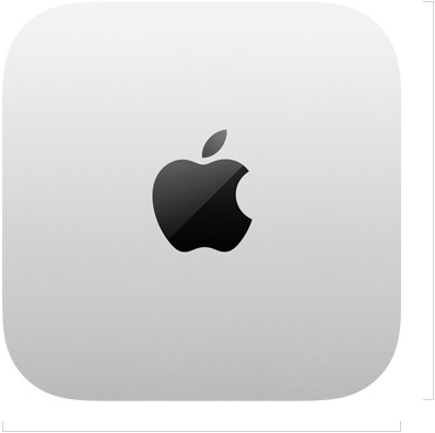 Mac mini, top, silver aluminium, square, rounded corners, glossy black Apple logo centred