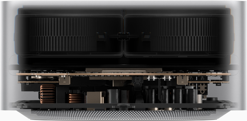 Dimensions du Mac Studio indiquant une largeur de 19,70 cm et une hauteur de 9,50 cm