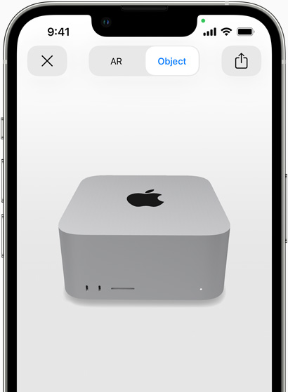 Pratinjau Mac Studio yang ditampilkan dengan AR di iPhone