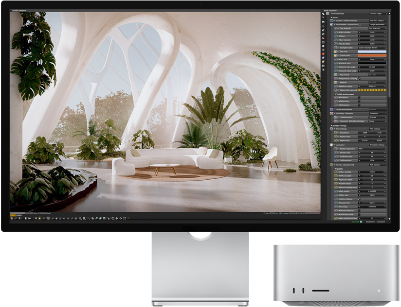Pohled na Studio Displej vedle Macu Studio