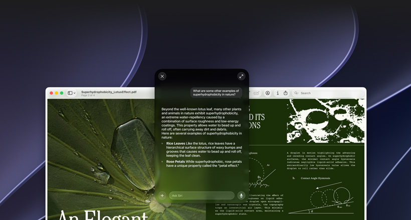 Siri and Visual Intelligence demo, user query for a topic in a PDF on a Mac screen, What are some other examples of superhydrophobicity in nature?, Siri response