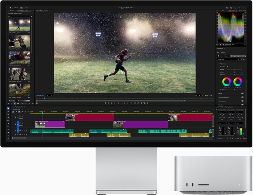 Studio Display XDR, screen shows Adobe Premiere and image of athlete running in the rain on a sports field, Mac Studio, front view