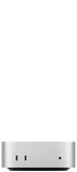 Mac mini, front, two Thunderbolt ports, status indicator light and 3.5-millimetre headphone jack, tapered black base at bottom, flat top, rounded sides, straight edges, Silver colour