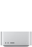 Mac Studio, front, two USB-C ports, SDXC card slot, status indicator light, tapered base at bottom, flat top, rounded sides, straight edges, silver colour