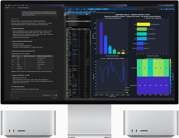 LM Studio Bionic 및 MATLAB 앱에서 꿀벌 건강에 대한 데이터를 보여주는 Studio Display XDR의 화면과 Mac Studio의 앞면