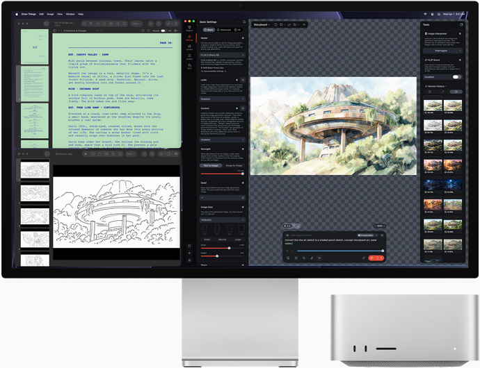 Draw Things, Pages, Keynote에서 건축 도면을 보여주는 Studio Display XDR 화면과 Mac Studio의 전면