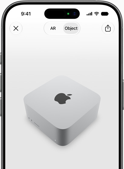 AR로 Mac Studio 미리보기를 보여주고 있는 iPhone 화면