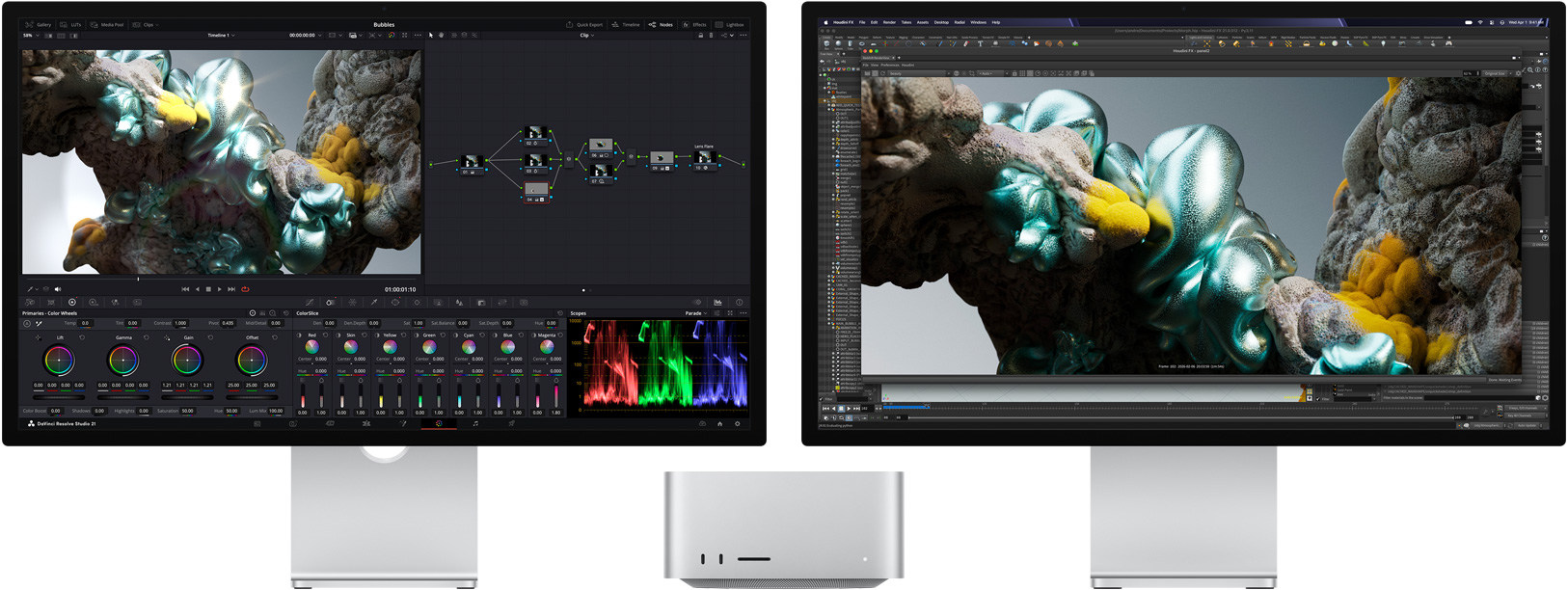 Studio Display 화면에 다양한 색상의 추상적인 이미지를 확대해서 보여주는 DaVinci Resolve Studio가 표시되어 있는 모습, Mac Studio의 앞면, Studio Display XDR 화면에 더욱 자세하게 확대된 동일한 이미지가 표시된 Houdini와 Maxon Redshift가 표시되어 있는 모습