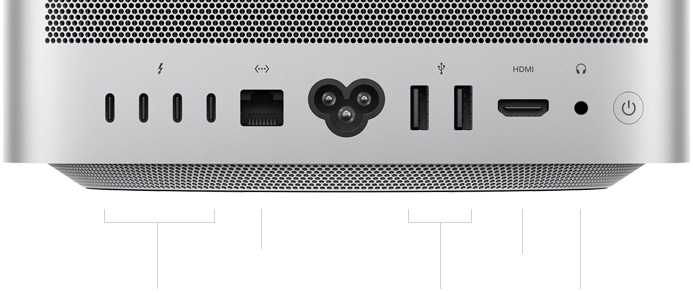Mac Studio, back, perforated aluminium exhaust, four Thunderbolt 5 ports, one Ethernet, one power socket, two USB-A, one HDMI, one headphone jack and power button