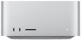 Mac Studio, front, two USB-C ports, SDXC card slot, status indicator light, tapered base at bottom, flat top, rounded sides, straight edges, silver colour