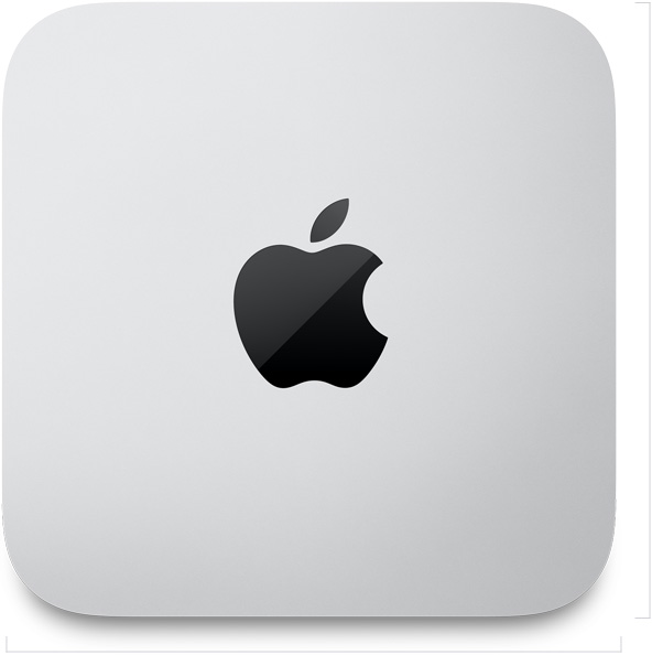 Mac Studio, top, silver aluminium, square, rounded corners, glossy black Apple logo centred