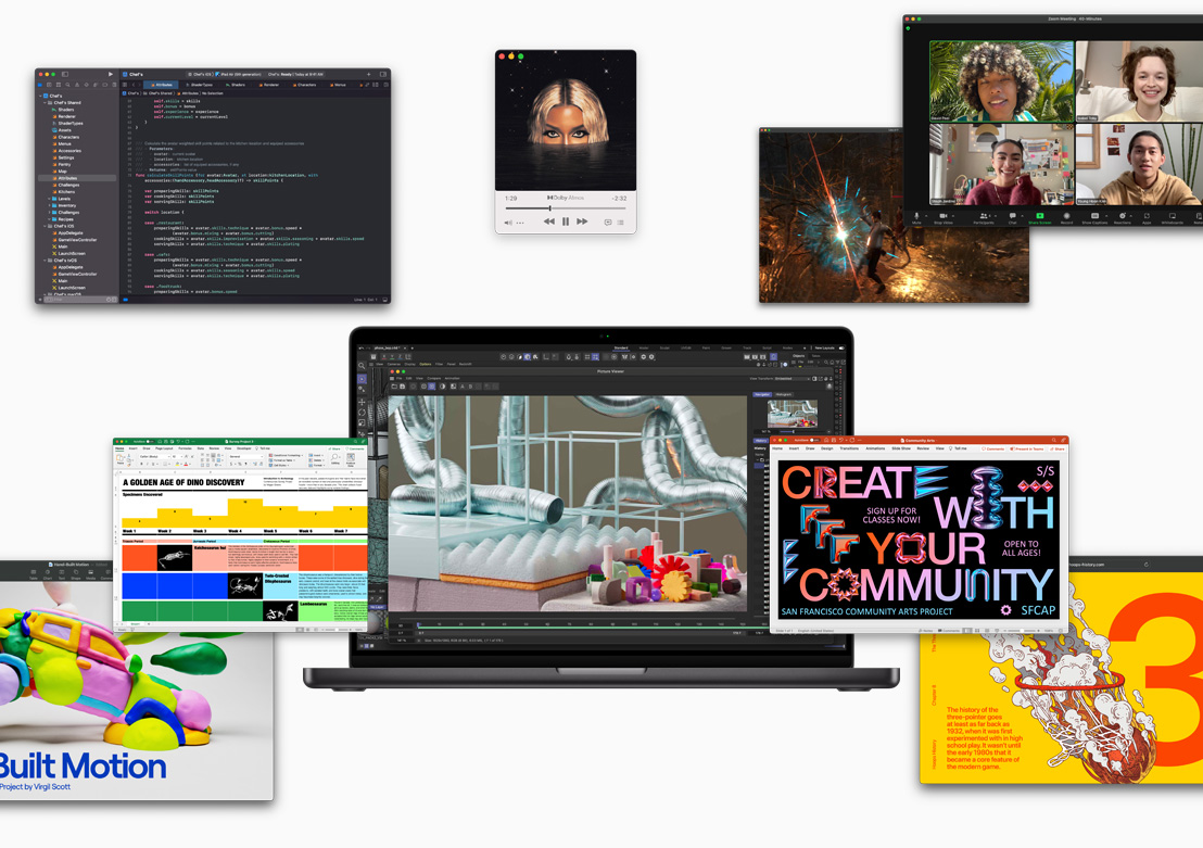 На екранах показано різні програмні засоби, які можуть працювати на чипі Apple: Xcode, Apple Music, Zoom, Excel, Powerpoint, Keynote, Adobe After Effects, Safari та ігрові програмні засоби.