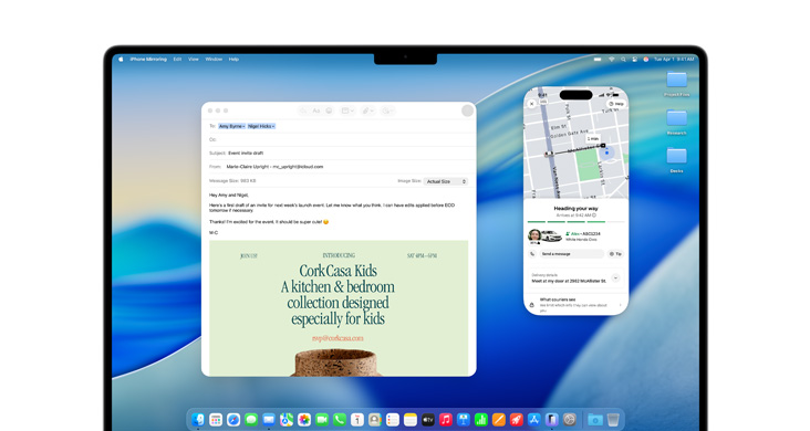 MacBook Pro 16-inch with Mail and iPhone Mirroring the Uber Eats app onscreen.