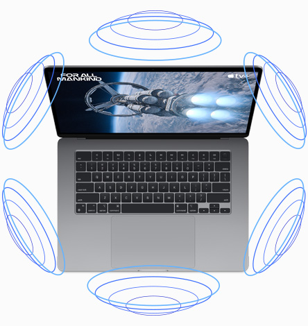 Tampilan atas MacBook Air dengan ilustrasi yang memperlihatkan Audio Spasial yang berfungsi selama pemutaran film