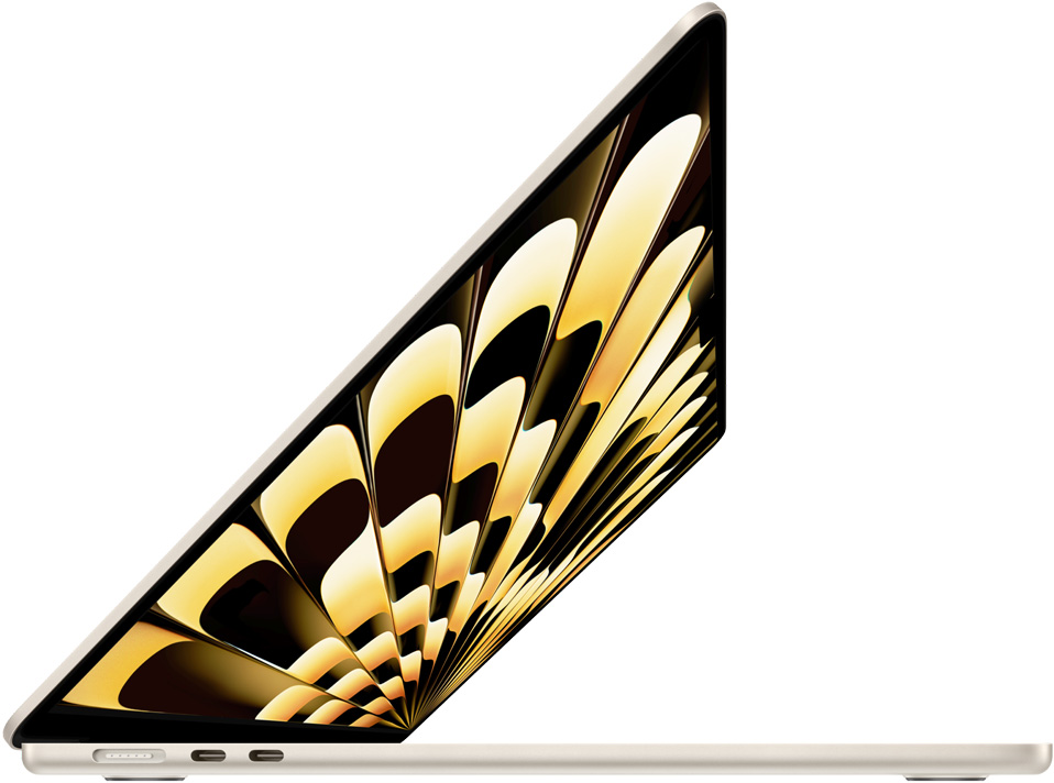 Yıldız Işığı rengi M2 çipli 15 inç MacBook Air modelinin yandan görünümü