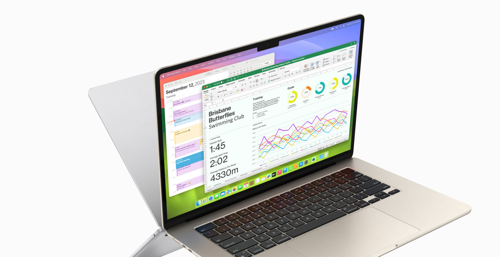MacBook Air; Takvim ve Microsoft Excel uygulamalarını çalıştırırken gösteriliyor.
