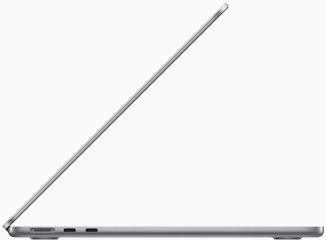 Vista lateral de un MacBook Air con chip M2 gris espacial