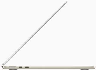 Vista lateral de un MacBook Air con chip M2 blanco estelar
