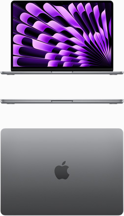 Vedere frontală și de sus a unui MacBook Air în culoarea Gri stelar