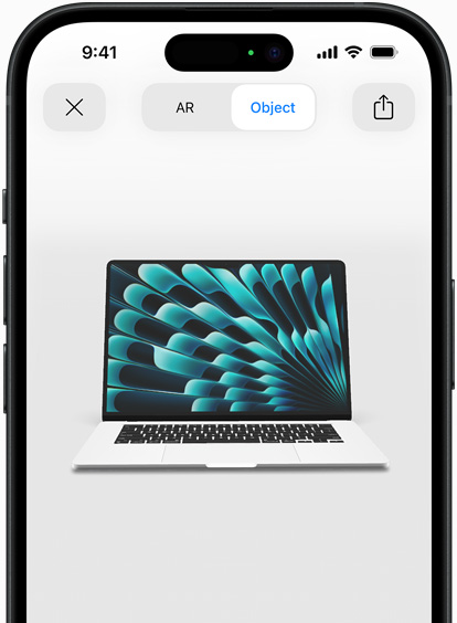 Ezüstszínű MacBook Air kiterjesztett valóságban való megtekintésének előnézeti képe egy iPhone-on