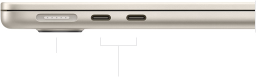„MacBook Air“, užvertas, kairė pusė, parodyta „MagSafe“ ir du „Thunderbolt“ prievadai
