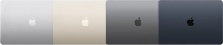 Neljän MacBook Air ‑mallin ulkopinnat, joista näkyvät neljä eri värivaihtoehtoa