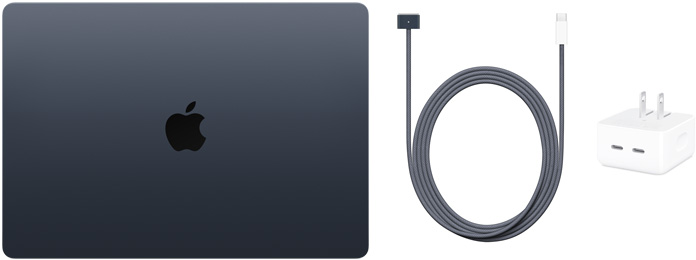 15 吋 MacBook Air、USB-C 對 MagSafe 3 連接線與 35W 雙 USB-C 埠小型電源轉接器。