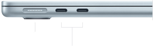 Lado esquerdo do MacBook Air fechado mostrando a porta MagSafe e duas portas Thunderbolt
