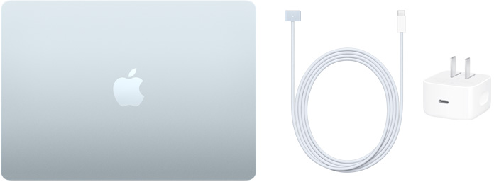 Un MacBook Air 13 pouces, câble USB-C vers MagSafe 3 et adaptateur d’alimentation USB-C 40 watts