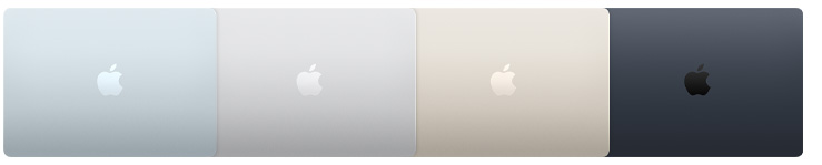Parte externa de quatro modelos de MacBook Air mostrando quatro cores diferentes
