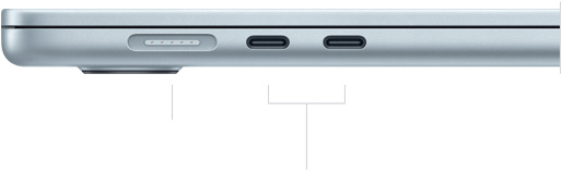 Lado esquerdo do MacBook Air fechado mostrando a porta MagSafe e duas portas Thunderbolt