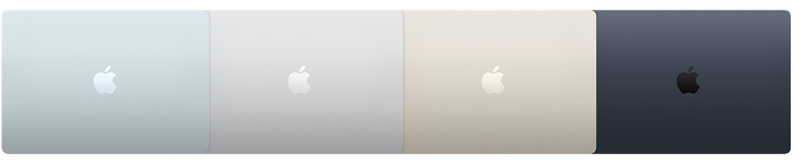 Parte externa de quatro modelos de MacBook Air mostrando quatro cores diferentes