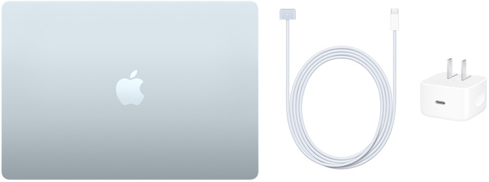 Un MacBook Air 15 pouces, câble USB-C vers MagSafe 3 et adaptateur d’alimentation compact 40 watts à double port USB-C