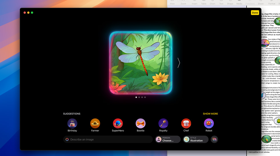 Générer une image de libellule avec la fonctionnalité Image Playground d’Apple Intelligence