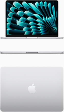 Vue de face et de haut d’un MacBook Air en finition argent
