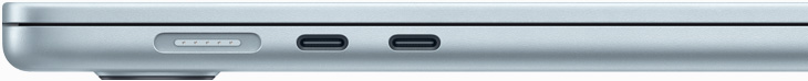 Venstre side af MacBook Air med MagSafe-port og to Thunderbolt 4-porte