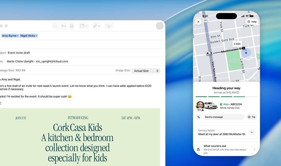 MacBook 화면에 Mail 앱이 열려 있고, iPhone 화면이 MacBook 화면에 미러링되어 Uber Eats가 도착하고 있음을 보여주는 모습