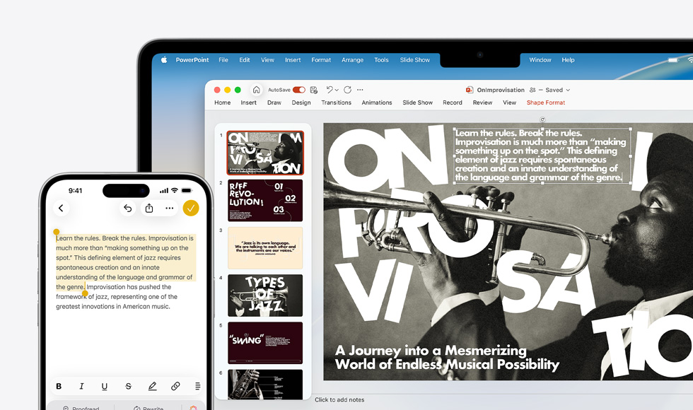 메모 앱 속 텍스트가 하이라이트된 iPhone 16 Plus와 PowerPoint 슬라이드가 열린 MacBook Air의 모습. 메모 앱의 텍스트가 슬라이드에 표시돼 있습니다