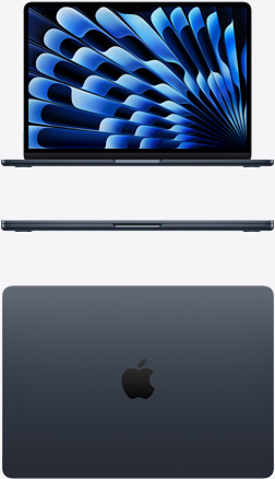 미드나이트 색상 MacBook Air를 정면에서 바라본 모습과 위에서 내려다본 모습
