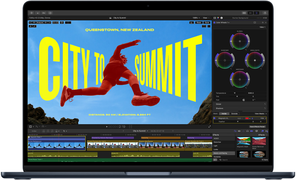 M5 칩 성능을 보여주기 위해 편집 중인 동영상을 띄운 MacBook Air 화면