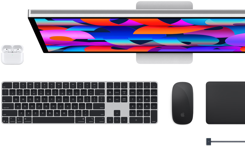 Acessórios para Mac: AirPods, Studio Display, Magic Keyboard, Magic Mouse, Magic Trackpad e cabo MagSafe para recarga